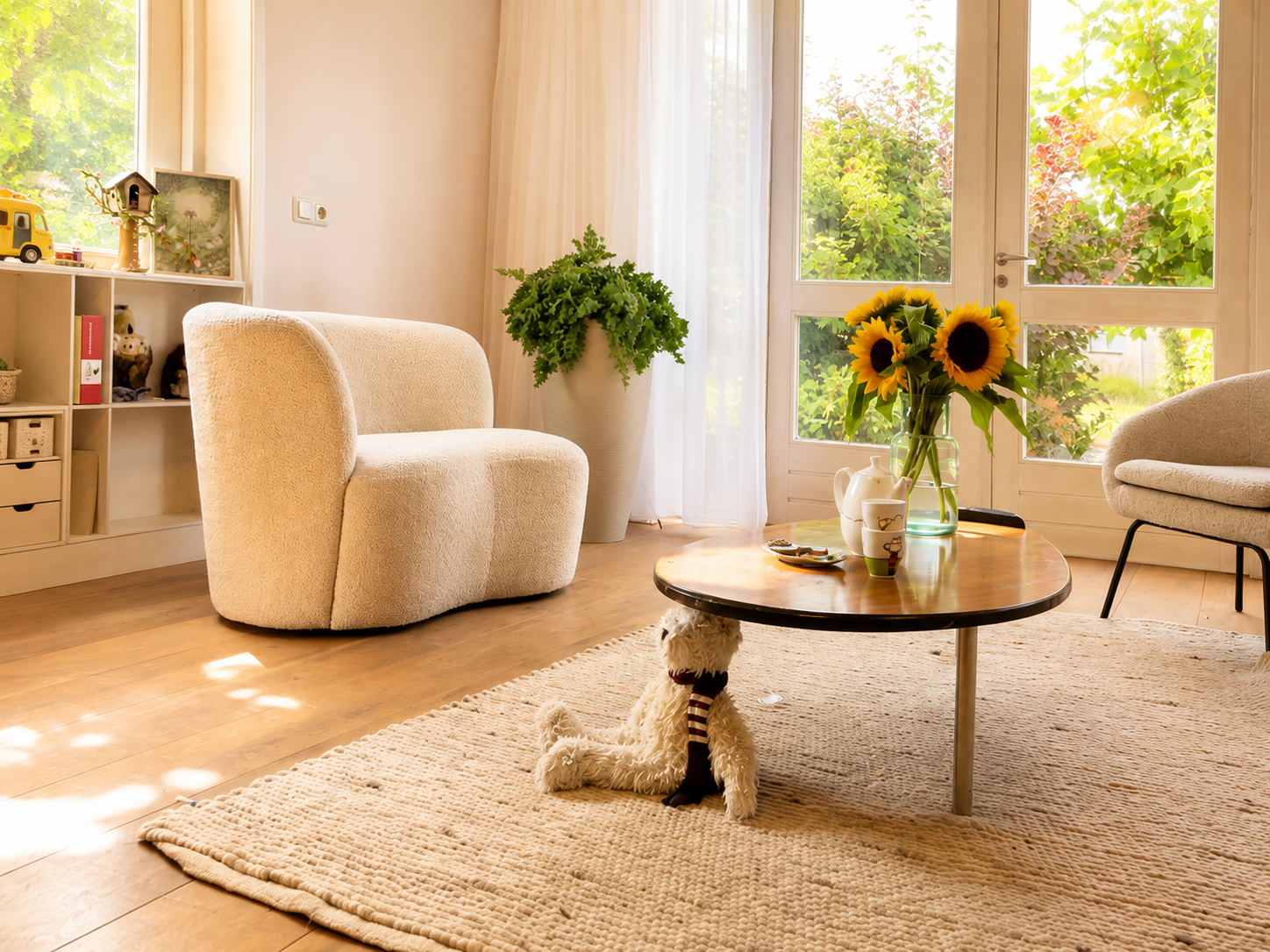 Rustige lichte praktijkruimte met fauteuil en zonnebloemen
